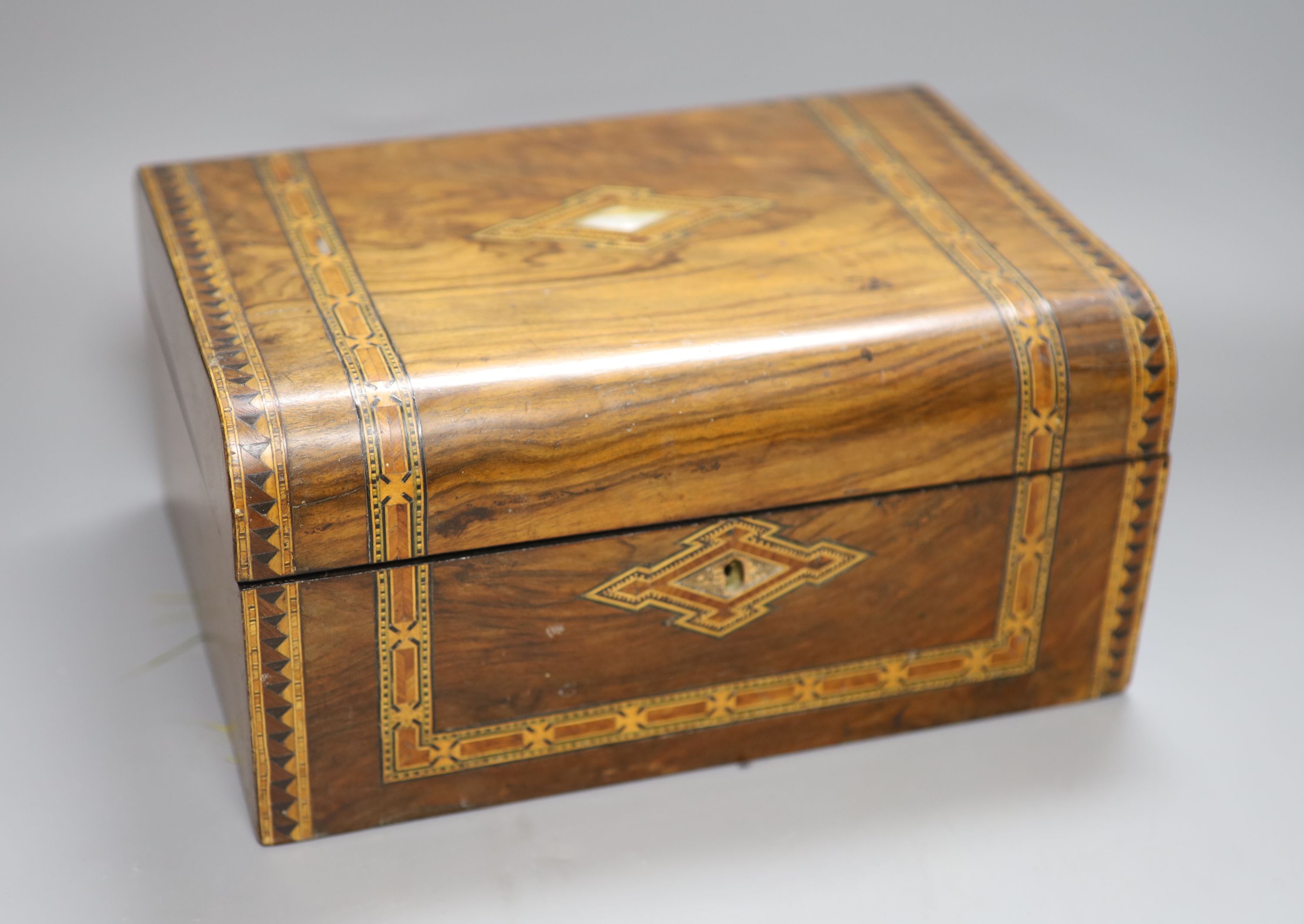 A Victorian walnut and German bandwork box, 29.5cm (interior fittings deficient)